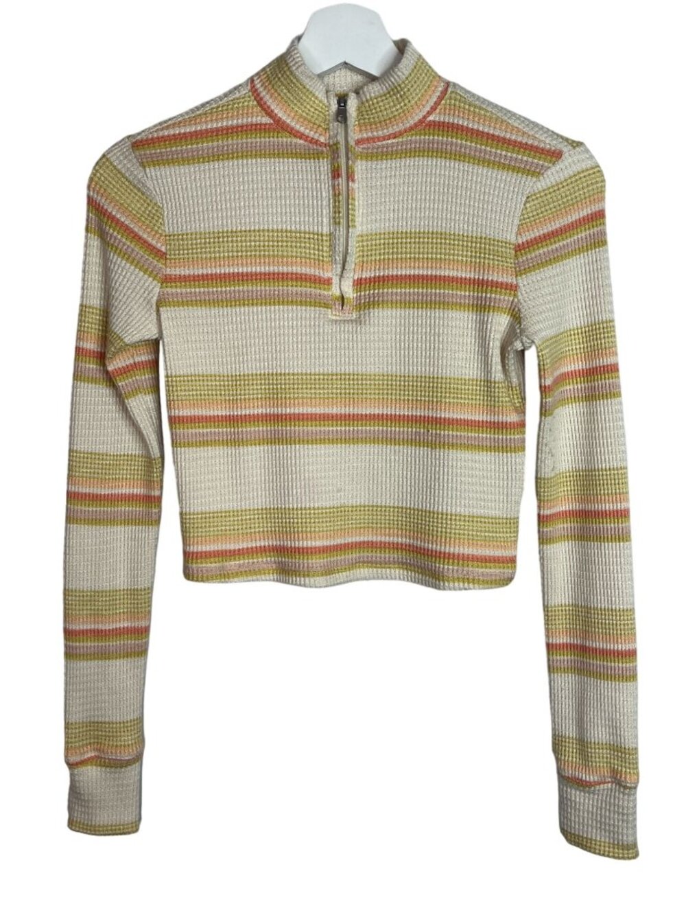 SO Womens Small Waffle Knit Quarter Zip Mock Neck Top Tan Orange